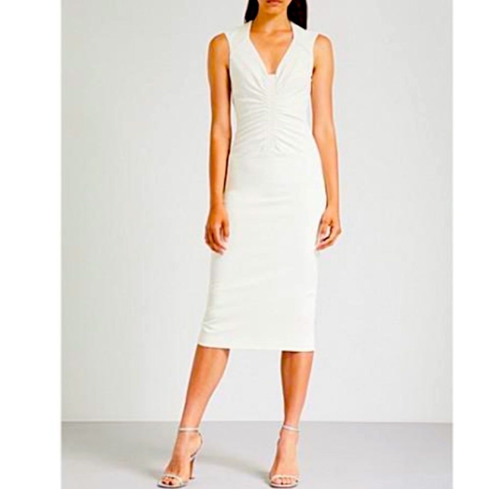 KAREN MILLEN WHITE LIKE NEW RUCHED MIDI FORM FITTED DRESS SIZE 6